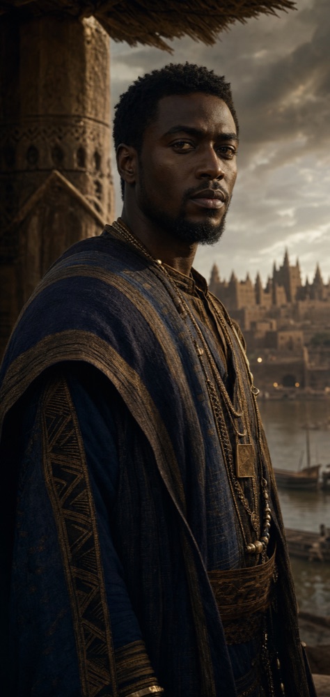 Musa Keita, a young West African Deputy Mansa in restrained indigo court clothing