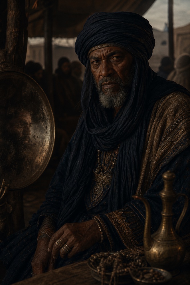 Oumar Al-Fayeed beside a dim metal reflection