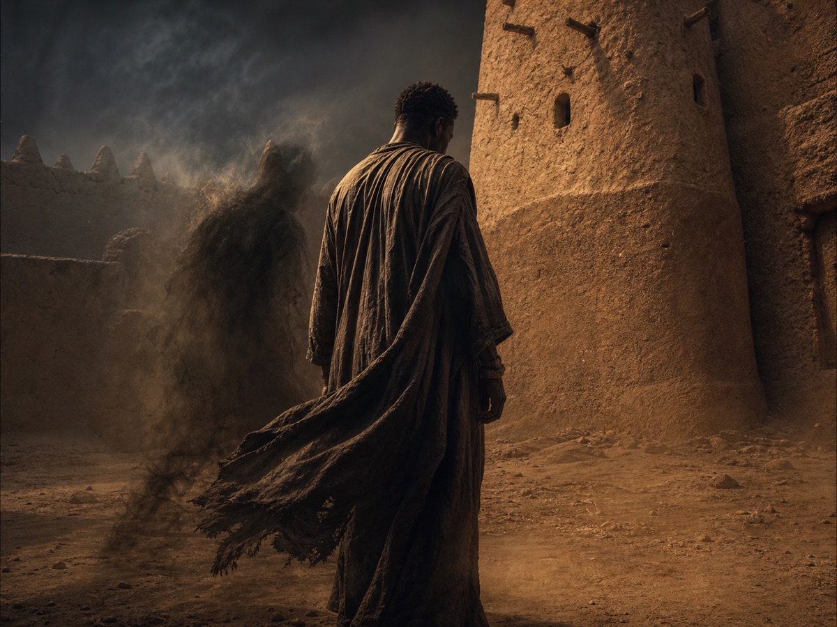 A solitary man crossing an earthen courtyard while an ambiguous second shadow forms in the dust