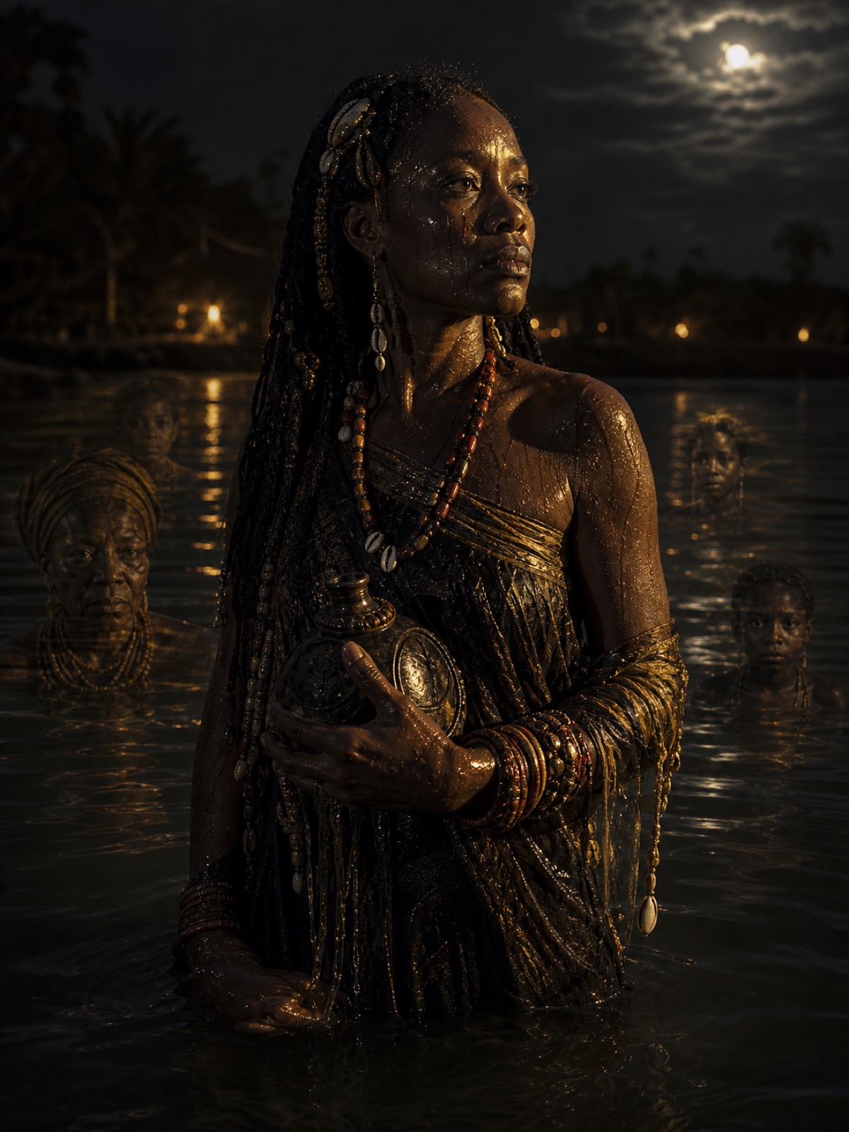 Mami Wata standing in a moonlit river with ancestral reflections and a family vessel held close