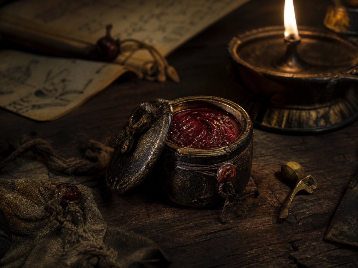 A sealed dark vessel containing dense crimson red mercury beside an oil lamp and weathered papers