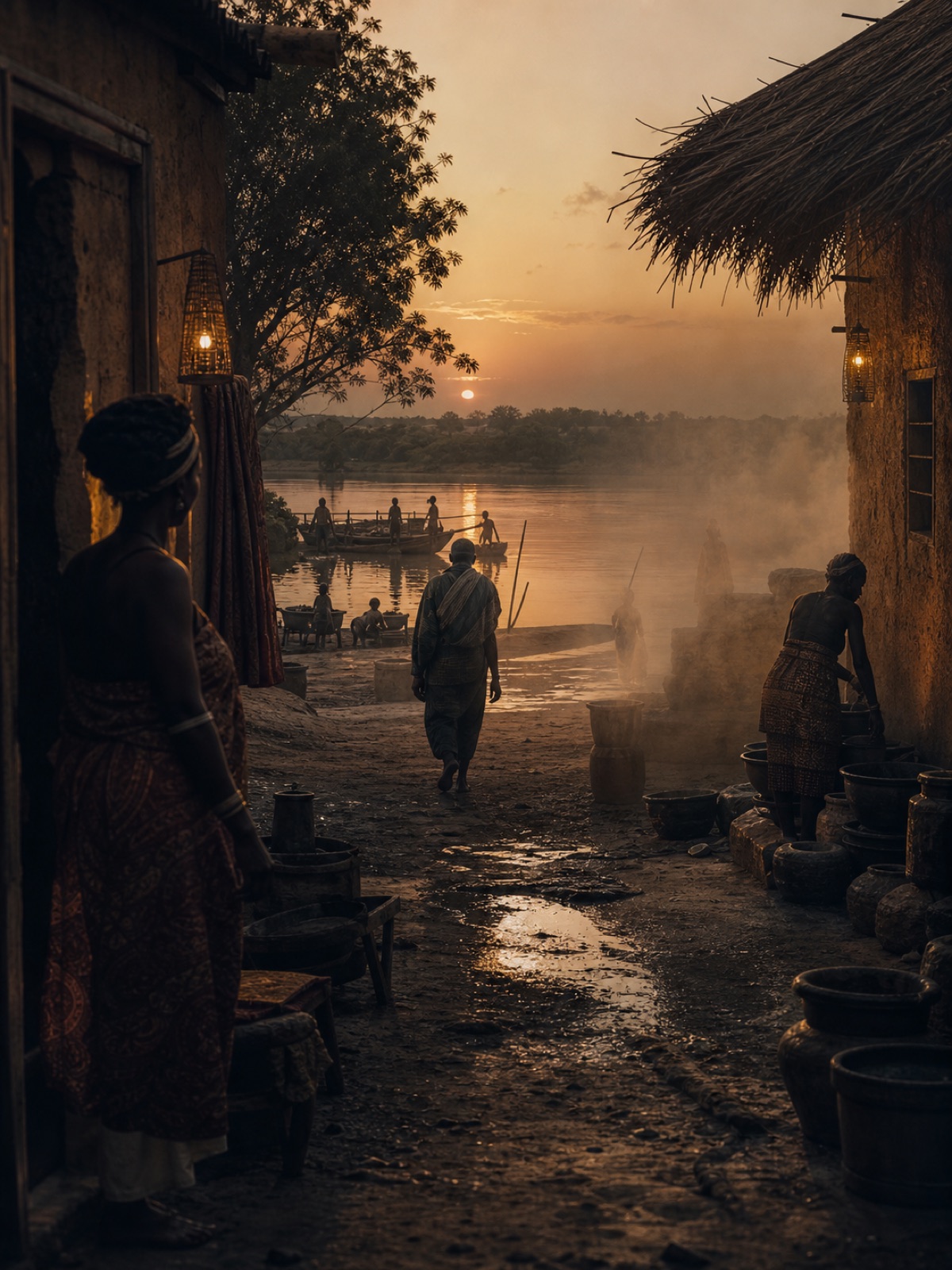 A Mali river settlement at dusk where figures fade subtly into mist and reflected light