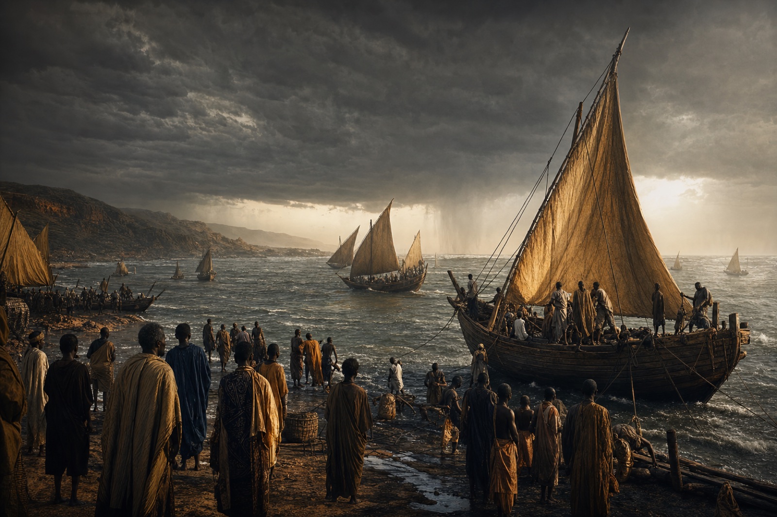 West African vessels departing beneath an Atlantic storm