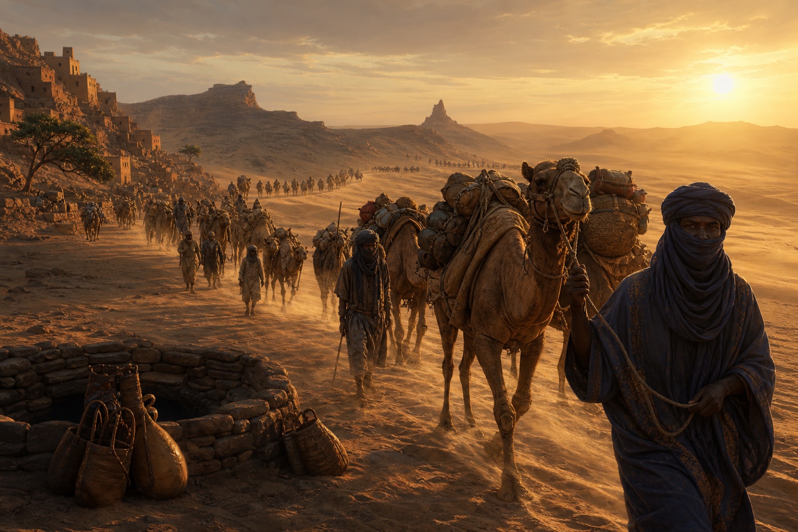 A caravan moving through the Sahara in golden light